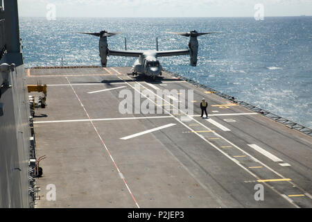 Eine MV-22 B Osprey von Marine Medium Tiltrotor Squadron 266, Special Purpose Marine Air-Ground Task Force-Crisis Response-Africa, landet an Bord der Spanischen Amphibious Assault ship Juan Carlos I in den Golf von Cadiz, Spanien, Sept. 14, 2016. SPMAGTF-CR-AF Marines durchgeführt deck Landung Qualifikationen an Bord der Juan Carlos Kenntnisse zu erhalten und die Crews mit Zusammenarbeit mit der spanischen Marine vertraut machen. (U.S. Marine Corps Foto: Staff Sgt. Tia Nagle) Stockfoto