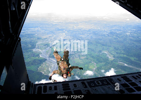 Mitglieder von Operational Detachment Alpha (ODA) 1324 und der philippinischen Armee Licht Reaktion Regiment (LRR) execute high-Altitude, geringe Öffnung (HALO) zum lastenabwurf von einem MC-130H Combat Talon II während Teak Kolben 2016. Obwohl die HALO airdrop nicht offizieller Teil der Übung war, die Anwesenheit eines MC-130 H auf den Philippinen erlaubt für eine einzigartige Ausbildung Engagement mit Joint und Combined Partner. (U.S. Air Force Foto vom Kapitän Jessica Tait) Stockfoto