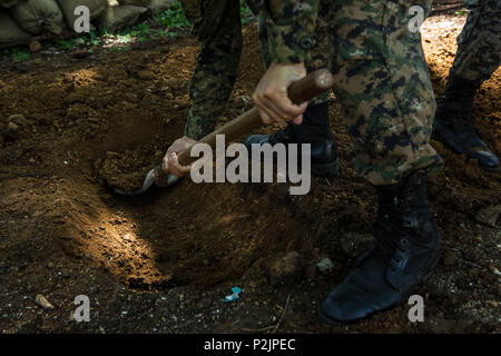 Marines mit dem Infanteria de Marina von El Salvador graben sie Feuer Löcher mit Schaufeln in La Union, El Salvador, Sept. 28, 2016. In den nächsten Monaten Marinen werden neben ihren El Salvador Gegenparts partner Nation, die Interoperabilität zu verbessern und die regionale Sicherheit und Verteidigung Zusammenarbeit zu stärken. (U.S. Marine Corps Foto von Cpl. Kimberly Aguirre) Stockfoto