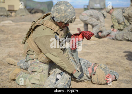 Soldaten aus der Idaho National Guard 116 Kavallerie Brigade Combat Team führte eine Mass Casualty Übung während des Exportierbaren Combat Training Funktion Drehung auf der Orchard Combat Training Center, Idaho am 10. Juni 2018. Die Ausbildung der Ärzte zu üben und ihre Verfahren für die Behandlung von Opfern in einem simulierten bekämpfen Umwelt verbessern. (Nevada Army National Guard Foto von SPC Jonnie Riley) Stockfoto