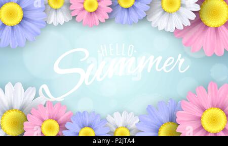 Hallo Sommer. Saisonale Banner. Bunte Blumen auf einem hellblauen Hintergrund. Blendung. Kalligrafische Text. Vector Illustration. EPS 10. Stock Vektor
