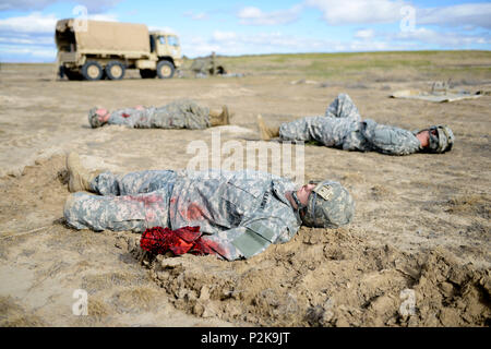 Soldaten aus der Idaho National Guard 116 Kavallerie Brigade Combat Team führte eine Mass Casualty Übung während des Exportierbaren Combat Training Funktion Drehung auf der Orchard Combat Training Center, Idaho am 10. Juni 2018. Die Ausbildung der Ärzte zu üben und ihre Verfahren für die Behandlung von Opfern in einem simulierten bekämpfen Umwelt verbessern. (Nevada Army National Guard Foto von SPC Jonnie Riley) Stockfoto