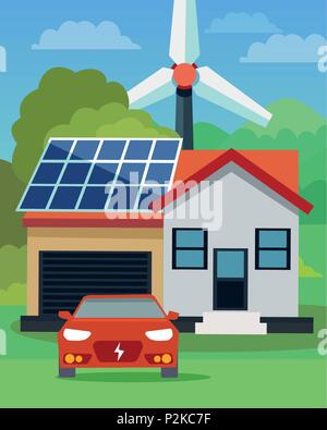 Flache Vector Illustration eines Elektroautos vor einem Haus mit Sonnenkollektoren und Windkraftanlagen im Hintergrund Stock Vektor