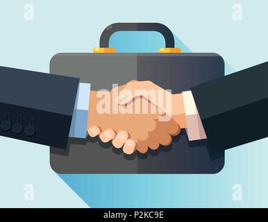 Handshake von Geschäftsleuten auf einen Aktenkoffer Hintergrund. Flaches Design moderne Vector Illustration Konzept. Stock Vektor