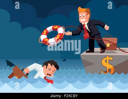 Cartoon vector Flat Style von einem Mitarbeiter der Bank werfen einen Rettungsring zu einem ertrinken Geschäftsmann in Gefahr. Risiko- und Sicherheitskonzept. Stock Vektor