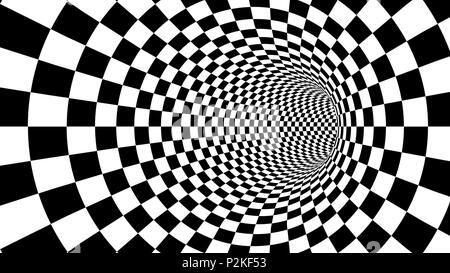 Die faszinierende 3D-Abbildung: eine optische Illusion von schwarzen und weißen Quadraten, die wie ein Tunnel von kriegsschauplätzen erstellen die Stimmung der Ma erstellt Stockfoto