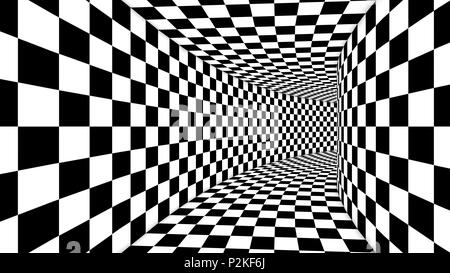Ein Zauber binden 3d-Abbildung: eine optische Illusion von schwarzen und weißen Quadraten machen einen großen kubischen Tunnel von kriegsschauplätzen Erstellen der Sterndeuter gebildet Stockfoto