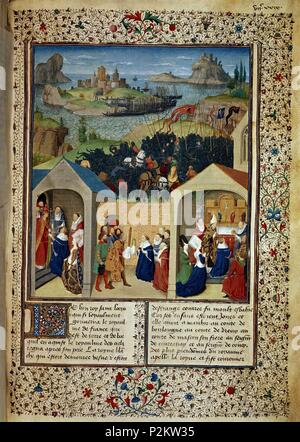 VIDA DE S LUIS IX FRANCIA 1214/70 Y SU ESPOSA MARGARITA - RECIBIENDO LA CORONA DE ESPINAS Y EL MADERO. Lage: BIBLIOTECA REALE ALBERTO ICH, Brüssel, Belgien. Stockfoto