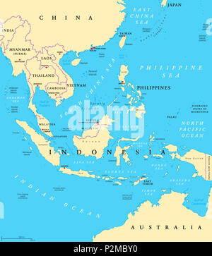 Südostasien, politische Karte mit Kapitellen und Grenzen. Teilregion Asien. Englischer Beschriftung. Abbildung. Stockfoto