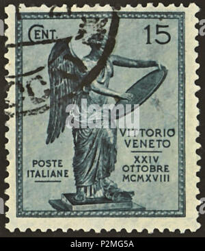 . Stempel des Königreichs Italien; 1921; Briefmarke zum 3. Jahrestag der Schlacht von Vittorio Veneto, welche am 24. Oktober 1918 gestartet und endete mit einer Niederlage der Armee der Achsenmächte und Italien einen ständigen Sitz im Rat der Liga der Nationen. (In diesem Kampf der italienischen militärischen Einheiten auf der Seite der Entente gegen eine Armee der Achsenmächte unter der Führung von Österreich-ungarn.); der Stempel zeigt den sogenannten "Sieg der Brescia" mit einem 4-Zeilen Inschrift "VITTORIO VENETO/XXIV/OTTOBRE/MCMXVIII".; Poststempel Stempel: Michel: Keine Stockfoto