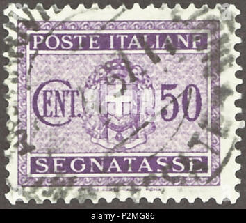 . Stempel des Königreichs Italien; 1934; Porto - durch Stempel (Italienisch: egnatasse") in die Zeichnung eines Savoy Wappen in oval als zentrales Motiv zwischen zwei 'Fascios' als seitliche Ornamente; Stempel 1937 Stempel abgestempelt: Michel Nr. P 30; Yvert & Tellier: Nr. S34 oder T34; Scott: Nr. J34 Farbe: violett Wasserzeichen: Italien Nr. 1 (Krone) Nennwert: 50 Cent. Porto Gültigkeit: Ab dem 3. Februar 1934 bis zum 31. Dezember 1948. Vom 3. Februar 1934 (erste Ausgabe Tag der Briefmarke) April 1937 (Poststempel). Poste Del Regno d'Italia (Post der Regierung Italiens) 42 ITA 1934 MiNrP 030:00 Uhr B002 Stockfoto