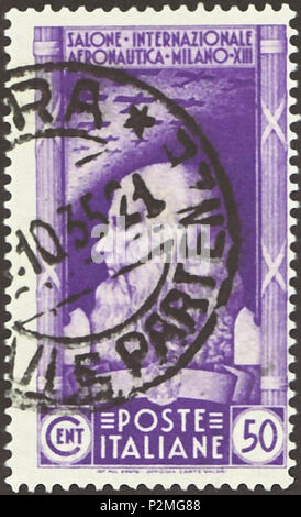 . Stempel des Königreichs Italien; 1935; commemmorative Stempel zum "1. internationalen Luftfahrt Salon" im Jahr 1935 in Mailand; Zeichnung eines Portrait von Leonardo da Vinci unter dem Himmel mit Flugzeugen; zwei Linien Inschrift im oberen mittleren Bereich: Allein * INTERNAZIONALE/AERONAUTICA * MILANO * XIII' (= Italienisch für "! st International Aeronautical Salon, Mailand, 13' (= das Jahr 13 der faschistischen Ära) (Die Aeronautica Salon in Mailand war der dann Italienisch Parallelveranstaltung zum Salon aeronautique in Paris.); Zeichnung mit zwei FASCHISTISCHE "fascio" als Seite Ornamente; 1935 Stempel: Michel: Nr. abgestempelt wurden. Stockfoto