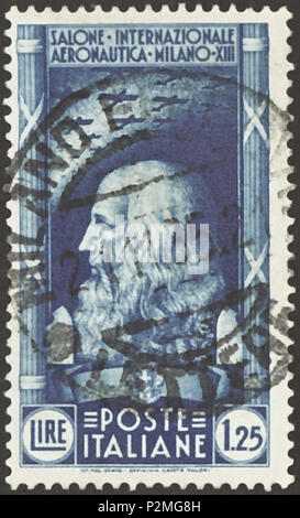 . Stempel des Königreichs Italien; 1935; commemmorative Stempel zum "1. internationalen Luftfahrt Salon" im Jahr 1935 in Mailand; Zeichnung eines Portrait von Leonardo da Vinci unter dem Himmel mit Flugzeugen; zwei Linien Inschrift im oberen mittleren Bereich: Allein * INTERNAZIONALE/AERONAUTICA * MILANO * XIII' (= Italienisch für "! st International Aeronautical Salon, Mailand, 13' (= das Jahr 13 der faschistischen Ära) (Die Aeronautica Salon in Mailand war der dann Italienisch Parallelveranstaltung zum Salon aeronautique in Paris.); Zeichnung mit zwei FASCHISTISCHE "fascio" als Seite Ornamente; abgestempelt in Milano (Region Lombardei) Stockfoto
