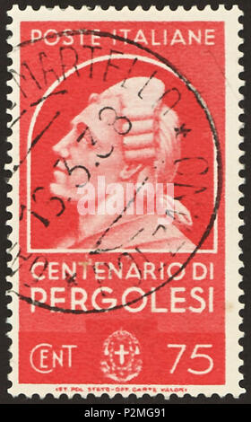 . Stempel des Königreichs Italien; 1937; Briefmarke der Ausgabe "Berühmte italienische Volk'; eingerahmten Portrait von Giovanni Battista Pergolesi, in Martello (Deutsch: Martell, Provinz Bozen (Bozen), Region Trentino-Südtirol), 1938 Stempel: Michel: Nr. 596; Yvert & Tellier: Nr. 411; Scott: Nr. 392 Farbe: rot Wasserzeichen: Italien Nr. 1 (Krone) Nennwert: 75 Cent abgestempelt. (Centesimi) Porto Gültigkeit: Ab dem 25. Oktober 1937 bis 30. September 1938 Stempel Bild Größe (Fläche ohne unten Zeile gedruckt): 20,5 x 37,0 mm Poststempel: Martello (Deutsch: Martell, Provinz Bozen (Ger Stockfoto