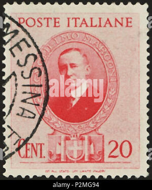 . Stempel des Königreichs Italien; 1938; Briefmarke des Problems für Guglielmo Marconi (Er tat am 20. Juli 1937.; Original Titel der Serie "Celebrativo di Guglielmo Marconi'); Stempel Zeichnung mit einem Gerahmten Bildnis von Guglielmo Marconi in einem ständigen Oval auf einem Sockel verziert mit dem Wappen von Savoyen zwischen zwei seitliche Fasces; Name als obere Ornament im ovalen Rahmen; Stempel Poststempel Stempel: Michel: Nr. 601; Yvert & Tellier: Nr. 416; Scott: Nr. 397 Farbe: rosa/rot Wasserzeichen: Italien Nr. 1 (Krone) Nennwert: 20 Cent. (Centesimi) Porto Gültigkeit: ab 24. Januar Stockfoto