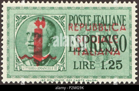 . Stempel der Italienischen Republik Soziale; 1944; express Stempel mit dem Bildnis von König Viktor Emanuel III. von Italien in der Ausgabe von 1932 mit rotem Aufdruck; Stempel Zeichnung mit der frontalen Bildnis in oval mit Blick in die linke Hälfte des Stempels nach links; rechte Hälfte mit der Aufschrift 'Espresso' in Großbuchstaben über Wappen des faschistischen Italien; Postfrische Marke mit complet Gummierung Stempel: Michel: Nr. 648 (= Nr. 414 von 1932 mit Aufdruck); Yvert & Tellier: IT-RSI, Nr. E 3; Scott: IT-RSI, Nr. E1 Farbe: grün mit rotem Aufdruck Wasserzeichen: Italien Nr. 1 (Krone) Nennwert: 1,25 Lire (?) Posta Stockfoto