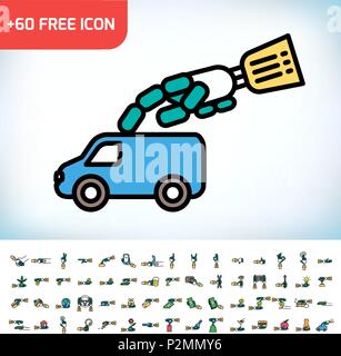 Roboterhand car Symbol. Innovative digitale Autopilot. Roboterarm modernes Logo Konzept. Dünne Linie vektor Illustration. Stock Vektor