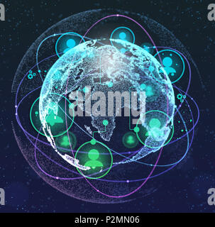 Nahaufnahme der Erde in der dunkelblauen Hintergrund und ein Netzwerk. Konzept der Globalisierung. 3D-Darstellung Stockfoto