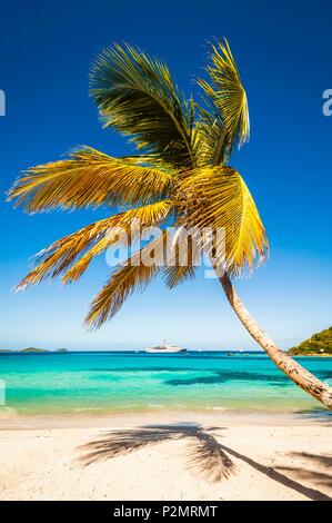 Karibik, Kleine Antillen, St. Vincent und die Grenadinen, Petit Rameau Insel Strand, Tobago Cays, eine Yacht im Hintergrund Stockfoto