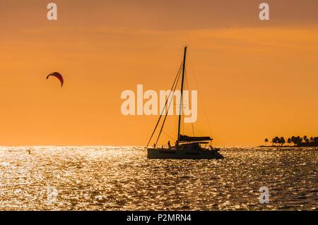 Karibik, Kleine Antillen, St. Vincent und die Grenadinen, Petit Tabac Insel, Tobago Cays, Kitesurf- und Küstenschifffahrt bei Sonnenaufgang Stockfoto