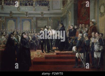 Ihre Majestät Königin Regent Doña Maria Cristina Vereidigung auf die Verfassung. Madrid, den Senat. Autor: Joaquin Sorolla (1863-1923). Lage: SENADO - PINTURA, MADRID. Stockfoto