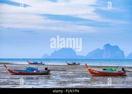 Thailand, Provinz Trang, Ko Mook Island, Ostküste, traditionelle Long tail Boote Stockfoto