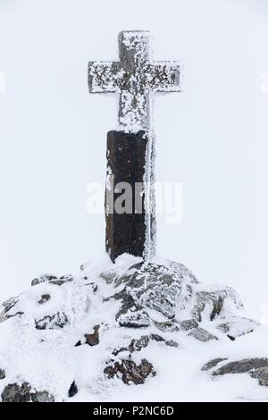 Frankreich, Lozère, Aubrac Regionaler Naturpark, Nasbinals, Granit Kreuz im Nebel und Frost in der Nähe des Sees von Des Moines abgedeckt Stockfoto