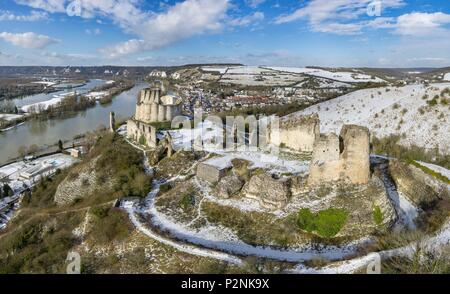 Frankreich, Eure, Les Andelys, Chateau Gaillard, Festung aus dem 12. Jahrhundert von Richard Coeur de Lion, Seine-tal, der Seine gebaut in der Flut (Luftbild) Stockfoto