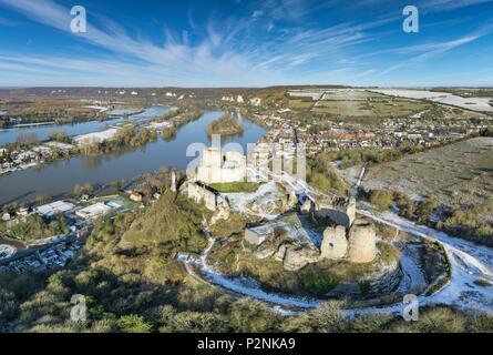 Frankreich, Eure, Les Andelys, Chateau Gaillard, Festung aus dem 12. Jahrhundert von Richard Coeur de Lion, Seine-tal, der Seine gebaut in der Flut (Luftbild) Stockfoto