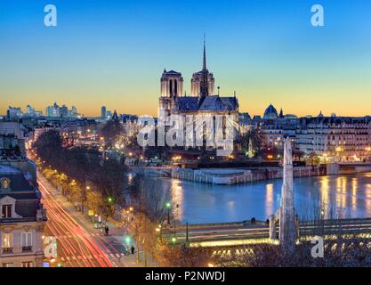 Frankreich, Paris, Bereich als Weltkulturerbe von der UNESCO, Tournelle Bridge angegeben und die Statue der Heiligen Geneviève von Paul Landowski im Vordergrund, Île de la Cité (Stadt Insel) mit der Kathedrale Notre Dame Stockfoto