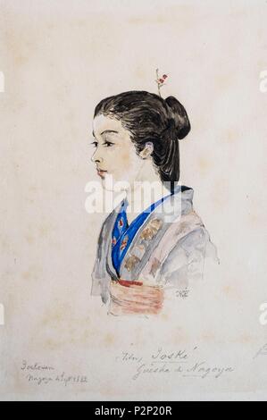 Frankreich, Paris, Reims, Detail von einem Aquarell Malerei aus der Sammlung Hugues Krafft's, ein Porträt des japanischen Dame Stockfoto