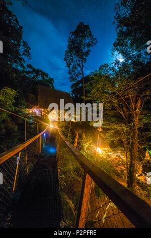 Frankreich, Kourou, Französisch-Guayana, Camp Canopee, Suspension Bridge 10 m über dem Boden zwischen zwei ruhende Hütten mit Hängematten, Außenansicht bei Nacht im Mondschein Stockfoto