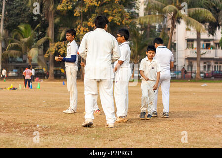 MUMBAI, INDIEN - Januar 14, 2017: Indische Kinder im Cricket net Üben zu verbessern cricketing Fähigkeiten Stockfoto