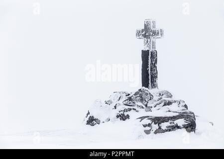 Frankreich, Lozère, Aubrac Regionaler Naturpark, Nasbinals, Granit Kreuz im Nebel und Frost in der Nähe des Sees von Des Moines abgedeckt Stockfoto