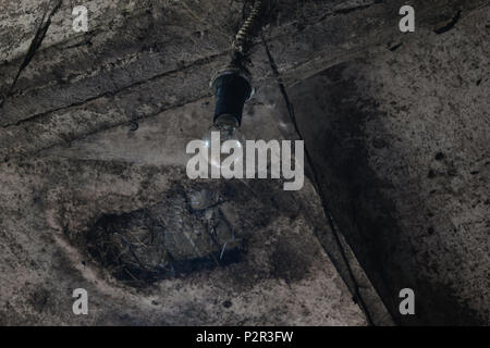 Mystische, unheimliche Blick auf staubigen, alten und umgeben mit Spinnennetzen hängenden Lampe in der Farm Stockfoto