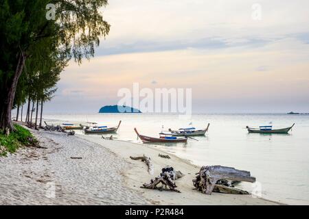 Thailand Songkhla Provinz, Tarutao National Marine Park, Ko Adang Insel, traditionelle Long tail Boote auf Laem Son Beach Stockfoto