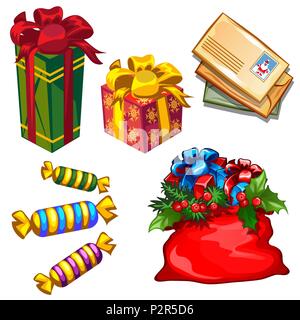 Satz von geschenkboxen und Tasche mit Geschenken, Briefe an den Weihnachtsmann, Süßigkeit auf weißem Hintergrund. Skizze für Grußkarten, festliche Poster, Einladungen. Die Attribute von Weihnachten und das neue Jahr. Stock Vektor