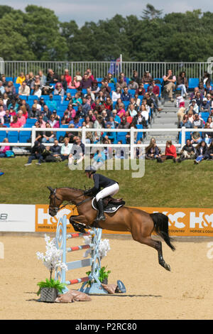 Bolesworth, Cheshire, UK. 16 Jun, 2018. Emily Mason reiten Cirus De Ruisseau (Wettbewerb S14-CS12 Grand Prix) an der Schildknappe Bolesworth International Horse Show. Kredit MediaWorldImages/AlamyLiveNews. Stockfoto