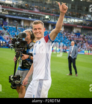 Moskau, Russland. 16 Juni, 2018. Alfred Finnbogason (Island) jubelt nach dem Spiel GES/fussball/Wm 2018 Russland: Argentinien - Island, 16.06.2018 GES/fussball/fussball/WM 2018 Russland: Argentinien gegen Island, Stadt, Juni 16, 2018 | Verwendung der weltweiten Kredit: dpa/Alamy leben Nachrichten Stockfoto