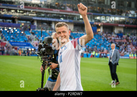 Moskau, Russland. 16 Juni, 2018. Alfred Finnbogason (Island) jubelt nach dem Spiel GES/fussball/Wm 2018 Russland: Argentinien - Island, 16.06.2018 GES/fussball/fussball/WM 2018 Russland: Argentinien gegen Island, Stadt, Juni 16, 2018 | Verwendung der weltweiten Kredit: dpa/Alamy leben Nachrichten Stockfoto