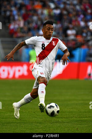 Mordovia Arena, Mordovia, Russland. 16 Juni, 2018. FIFA Fußball-WM, Gruppe C, Peru gegen Dänemark; Christliche Cueva von Peru: Aktion plus Sport/Alamy leben Nachrichten Stockfoto