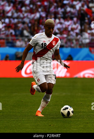 Mordovia Arena, Mordovia, Russland. 16 Juni, 2018. FIFA Fußball-WM, Gruppe C, Peru gegen Dänemark; Andre Carrillo von Peru: Aktion plus Sport/Alamy leben Nachrichten Stockfoto