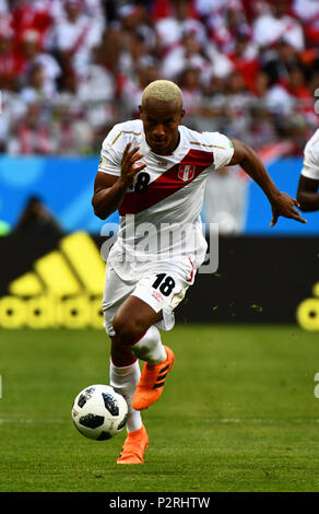 Mordovia Arena, Mordovia, Russland. 16 Juni, 2018. FIFA Fußball-WM, Gruppe C, Peru gegen Dänemark; Andre Carrillo von Peru: Aktion plus Sport/Alamy leben Nachrichten Stockfoto