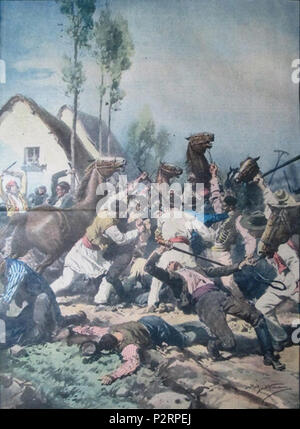 . Italiano: Una torma di ladri Aveva fatto una Razzia di Cavalli nel Villaggio romeno di Izmall. Dato l'allarme, i contadini li Hanno inseguiti e raggiunti. Dopo una Zuffa accanitissima, con Morti e feriti, ich Cavalli sbandati sono Stati ripresi dai Loro padroni. 6. September 1931. Achille Beltrame (1871 - 1945) Beschreibung italienischen Maler und Illustrator, der vor allem für die Domenica del Corriere, wöchentliche Magazin der Corriere della Sera Datum der Geburt / Tod 18 März 1871 19. Februar 1945 Ort der Geburt / Todes Arzignano Mailand Arbeit Ort Mailand Authority control: Q 3604346 VIAF: 377 gearbeitet Stockfoto
