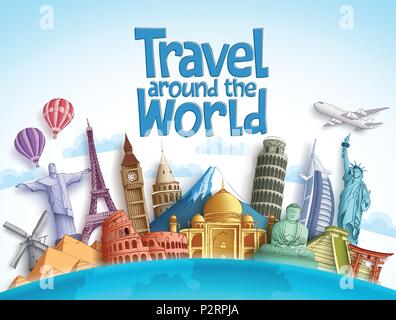 Reisen rund um die Welt vektor design mit berühmten Sehenswürdigkeiten und touristische Destination in den verschiedenen Ländern und Orten in blauen Hintergrund. Vektor Stock Vektor