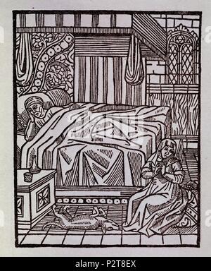 CARCEL DE AMOR - GRABADO POR ROSEMBACH EN 1493 ORIGINAL EN MUS BRITANICO. Autor: Diego de San Pedro (C. 1437 - C. 1498). Lage: Biblioteca Nacional - COLECCION, MADRID, SPANIEN. Stockfoto