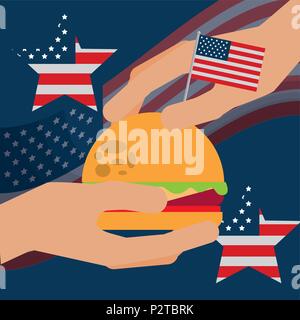 Essen American Independence day Flagge usa Hände halten Hamburger Sterne Vector Illustration Stock Vektor