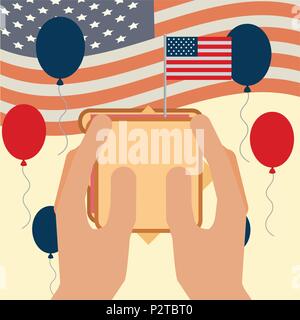 Essen American Independence day USA-Flagge Hände halten sandwich Ballons Vector Illustration Stock Vektor