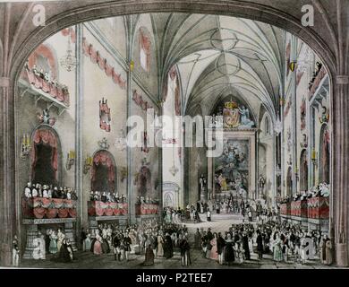 IGLESIA de San Jerónimo el Real DE EL ACTO DE BENDICION DE BANDERAS QUE LA REINA ISABEL II inkl. 3 A DIFERENTES ARMAS DEL EJERCITO EL 28/06/1862. Lage: MUSEO DE HISTORIA - GRABADOS COLOREADOS, MADRID, SPANIEN. Stockfoto