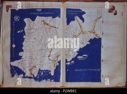 MAPA DE LA PENINSULA IBERICA - ESPAÑA EN EL SIGLO II - MANUSCRITO DEL SIGLO XV-VIT 19. Thema: Claudius Ptolemäus (100-170). Lage: MONASTERIO - BIBLIOTECA - COLECCION, SAN LORENZO DEL Escorial, Madrid. Stockfoto